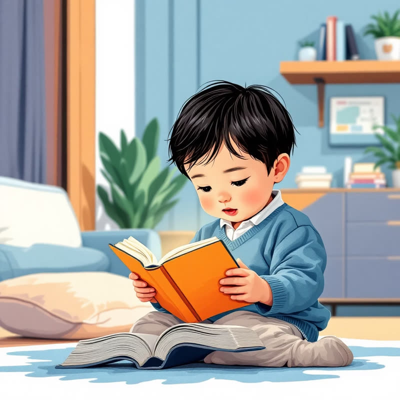 A child sitting on the floor reading an orange book